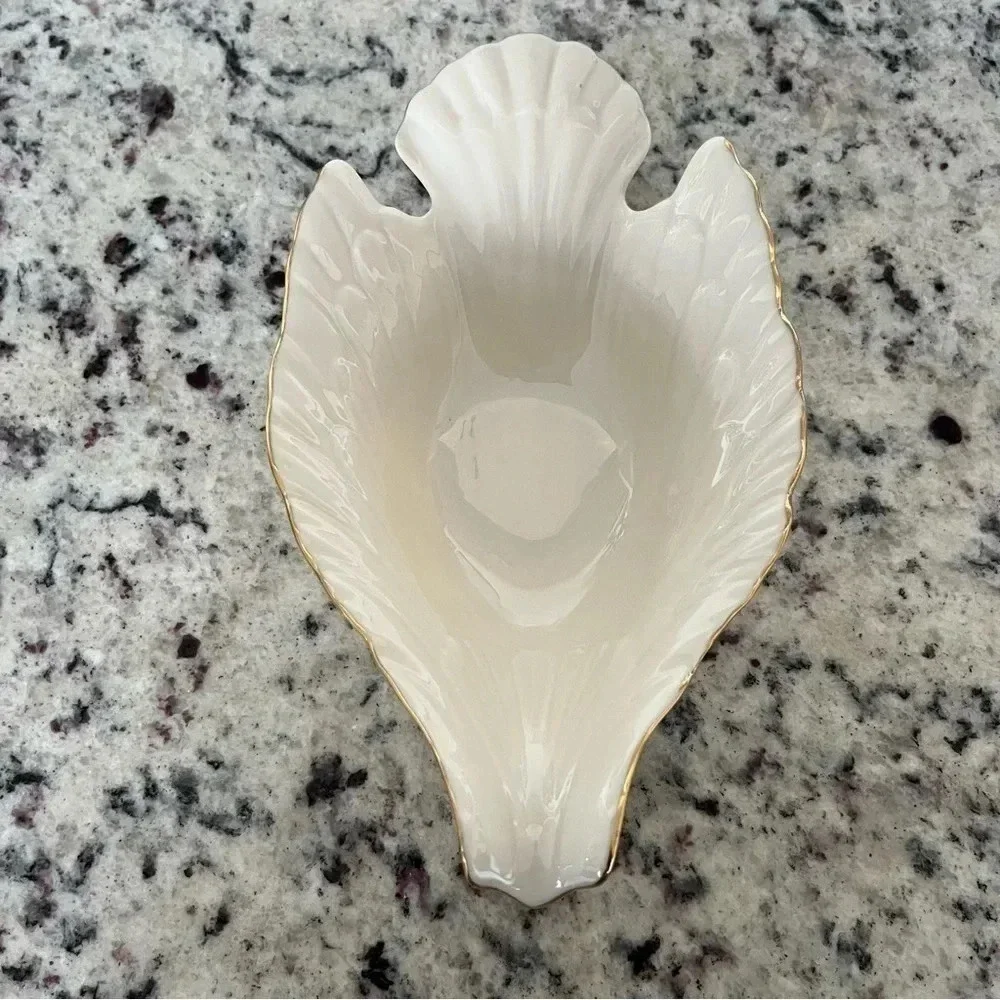 Lenox USA Beige Porcelain Dove Bird Figural Sauce or Candy Bowl Dish w/ 24K Gold